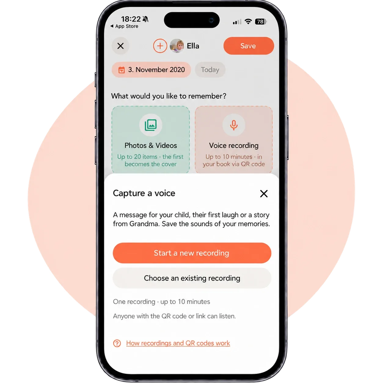 Juno app: record a voice or choose an existing audio file