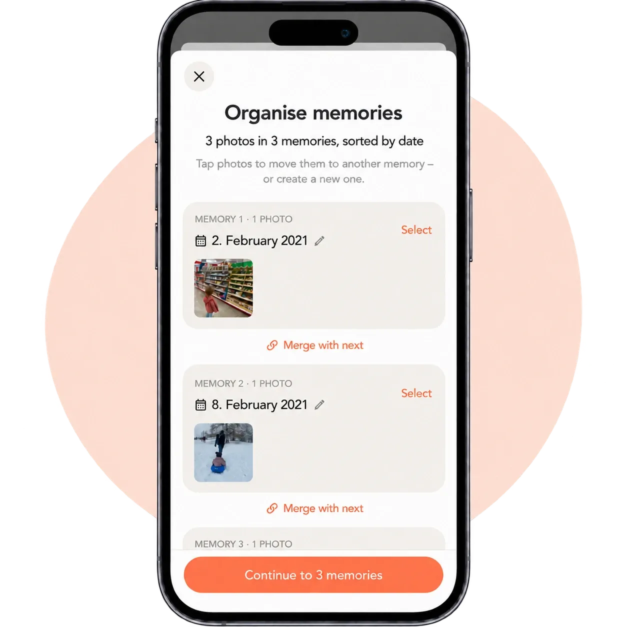 Organise uploaded photos into memories by date
