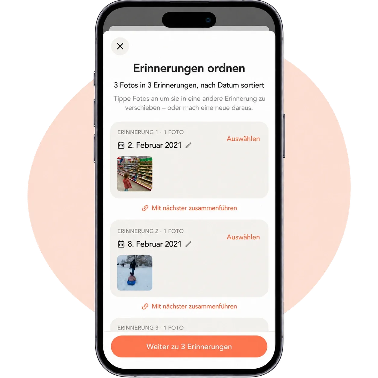 Mehrere hochgeladene Fotos nach Datum zu Erinnerungen ordnen
