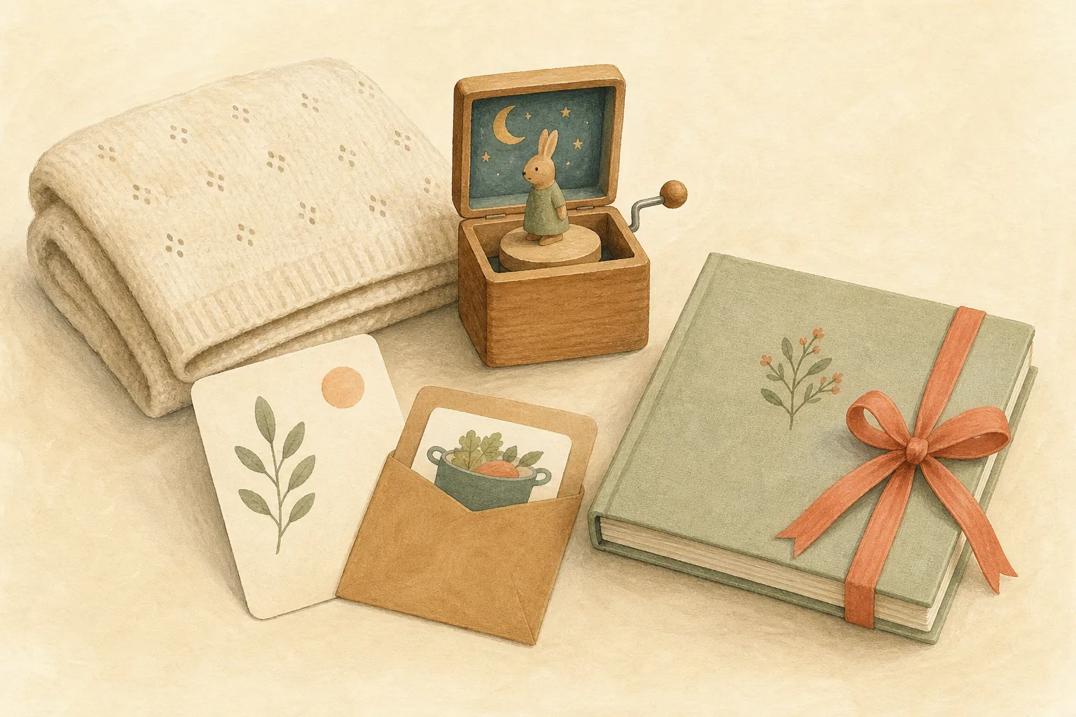 Illustrierte Geschenkideen mit Babydecke, Spieluhr, Erinnerungsalbum, Meilensteinkarte und Essensgutschein