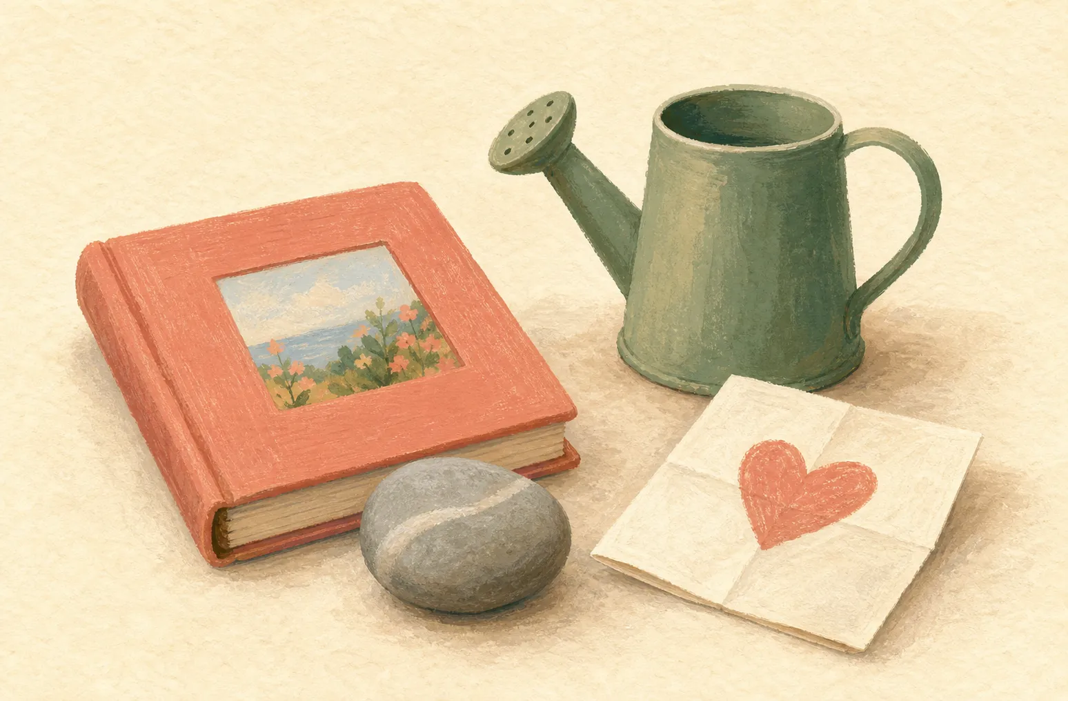 Illustrated everyday objects for family rituals: photo album, found pebble, watering can and heart drawing