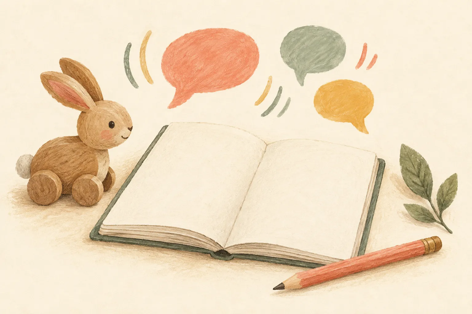 Illustriertes leeres Notizbuch mit Stift, Spielzeughase und bunten Sprechblasen