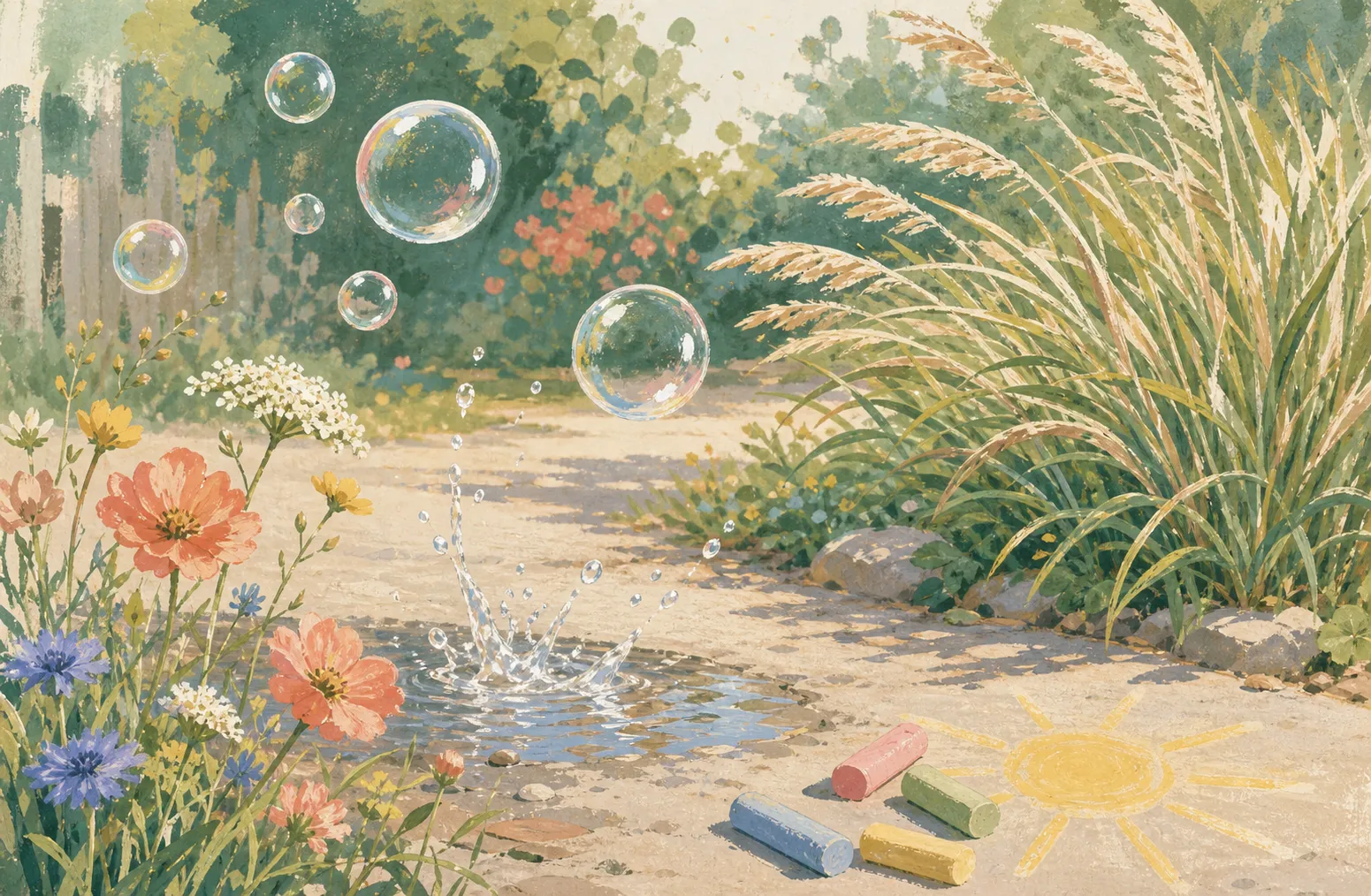 Illustrated outdoor photo ideas with soap bubbles, water, grasses, flowers and sidewalk chalk