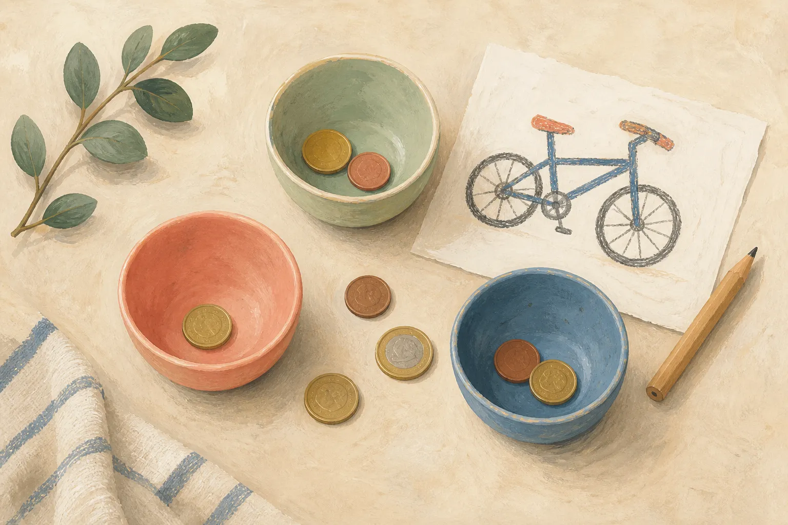 Illustrated bowls with coins and a child's bicycle drawing as a savings goal