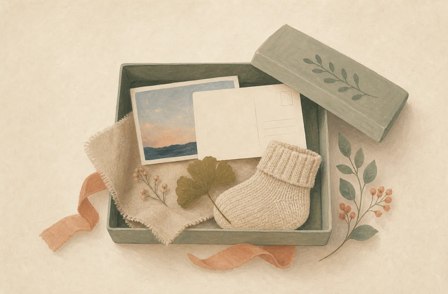 Illustrierte Erinnerungskiste mit Babysocke, Postkarte, Foto und gepresstem Blatt