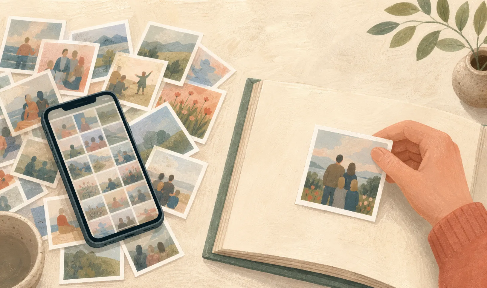 Illustrated photo flood around a smartphone and one selected family picture being placed in an album