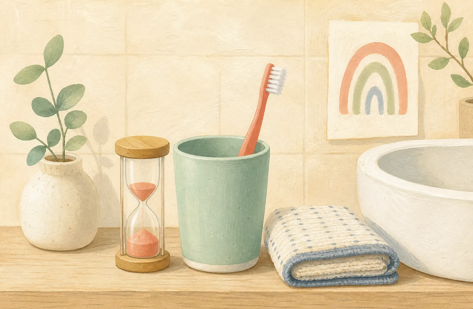 Illustrierte Zahnbürste mit Sanduhr, Zahnputzbecher und Waschlappen