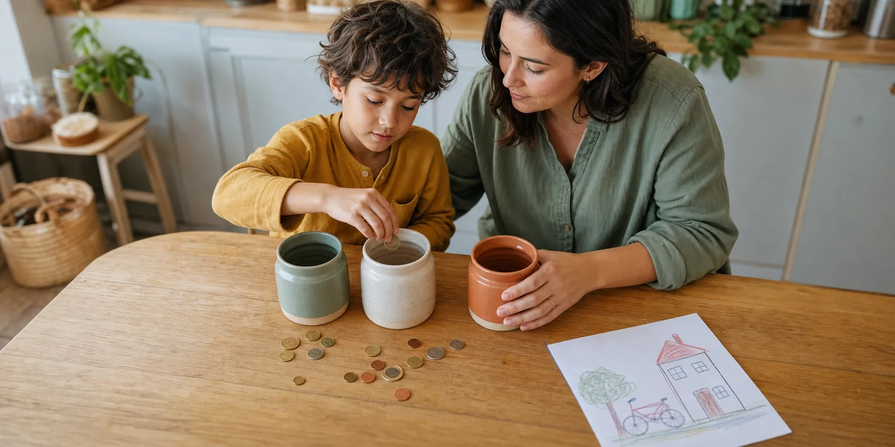 Mother and school-age child sorting coins into three coloured ceramic jars