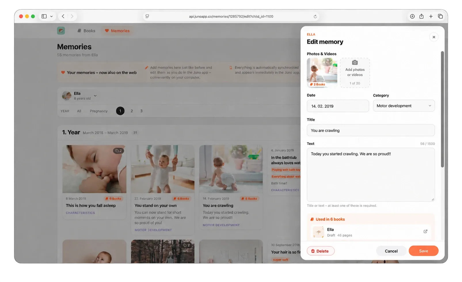 Edit memories on the Juno web platform and choose them for books